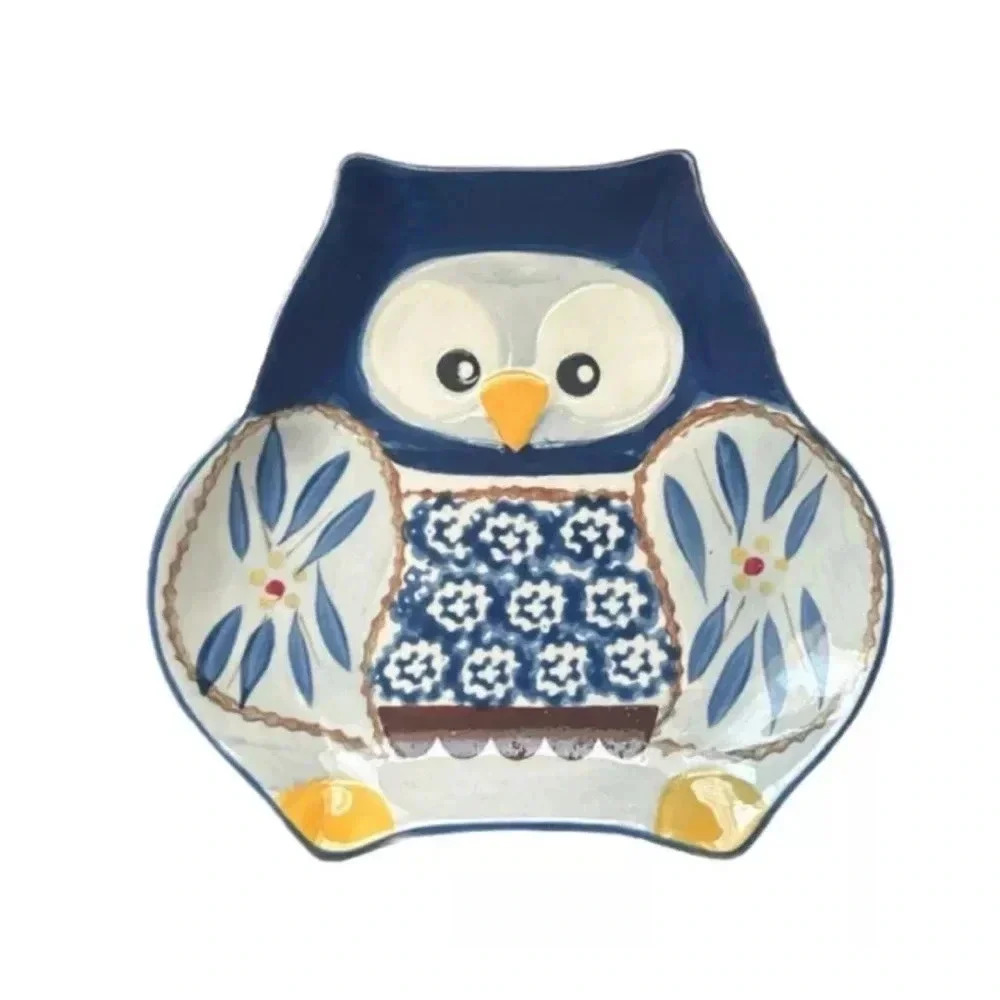 Temp-tations Old World Blue Owl 2 Hand Painted & Hand Crafted Snack Plates 6.5"